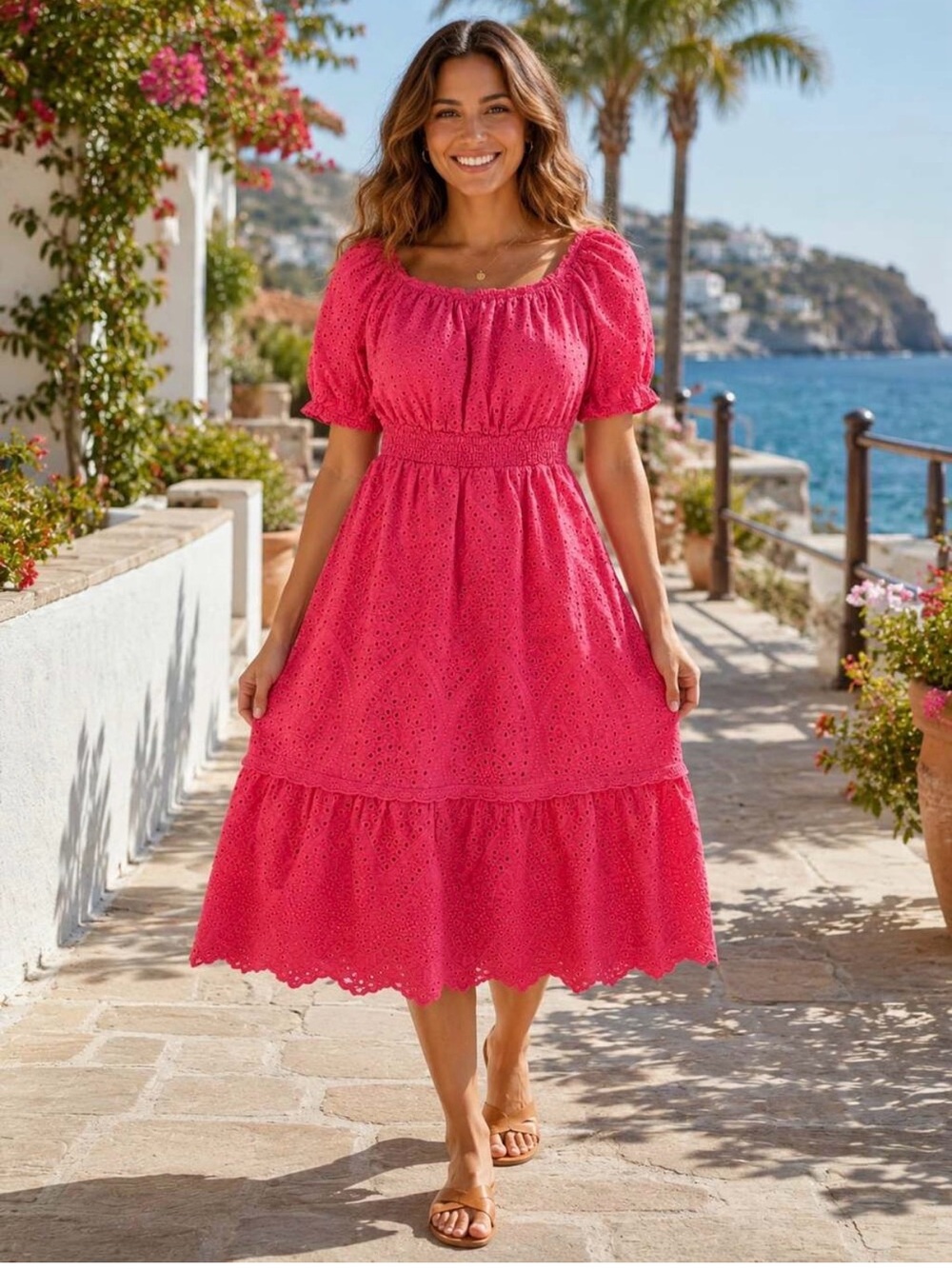 Betsey Johnson Pink Eyelet Midi Dress with Puff Sleeves